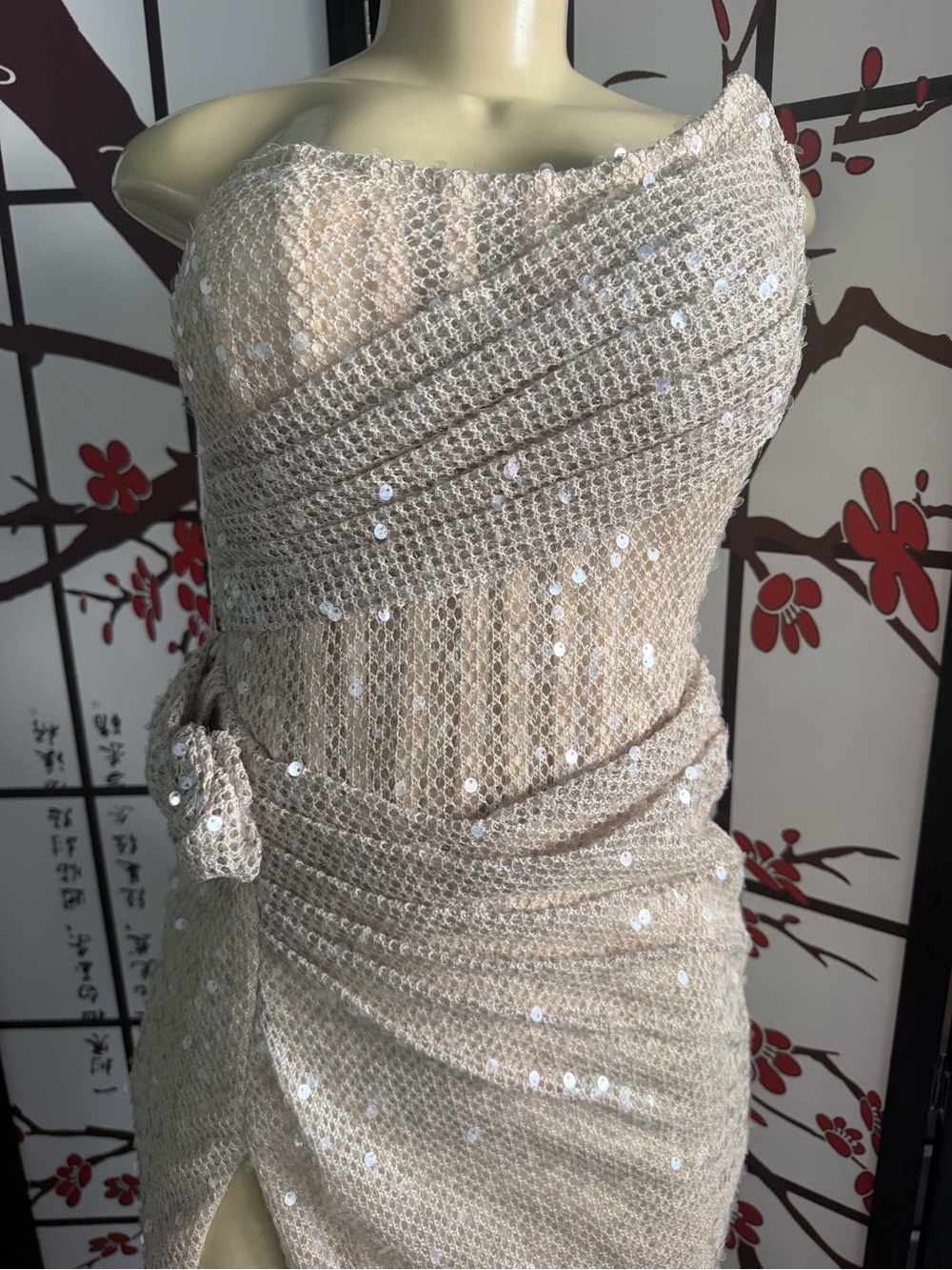 Strapless Sequin Knit Sheath Dress in Champagne